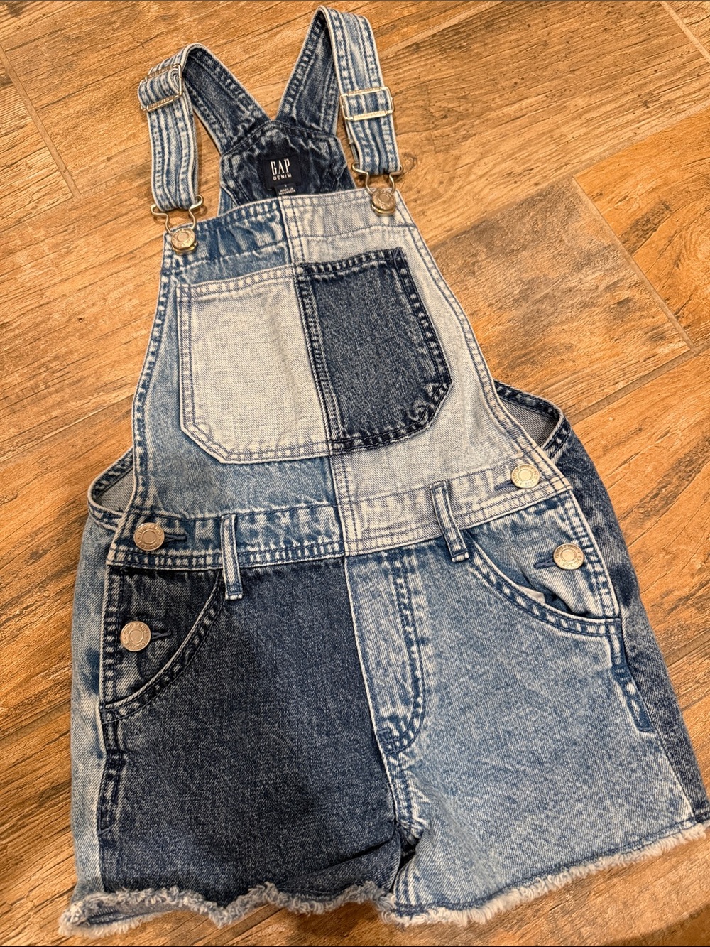 GAP Two-Tone Patchwork Denim Short Overalls - Light & Dark Blue